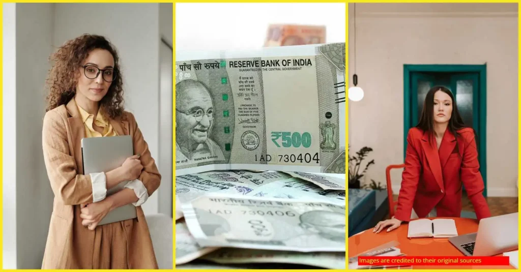 A woman Holding a laptop, a woman standing confidently, and Indian rupees currency representing the financial freedom achieved through Axis Bank personal loan.